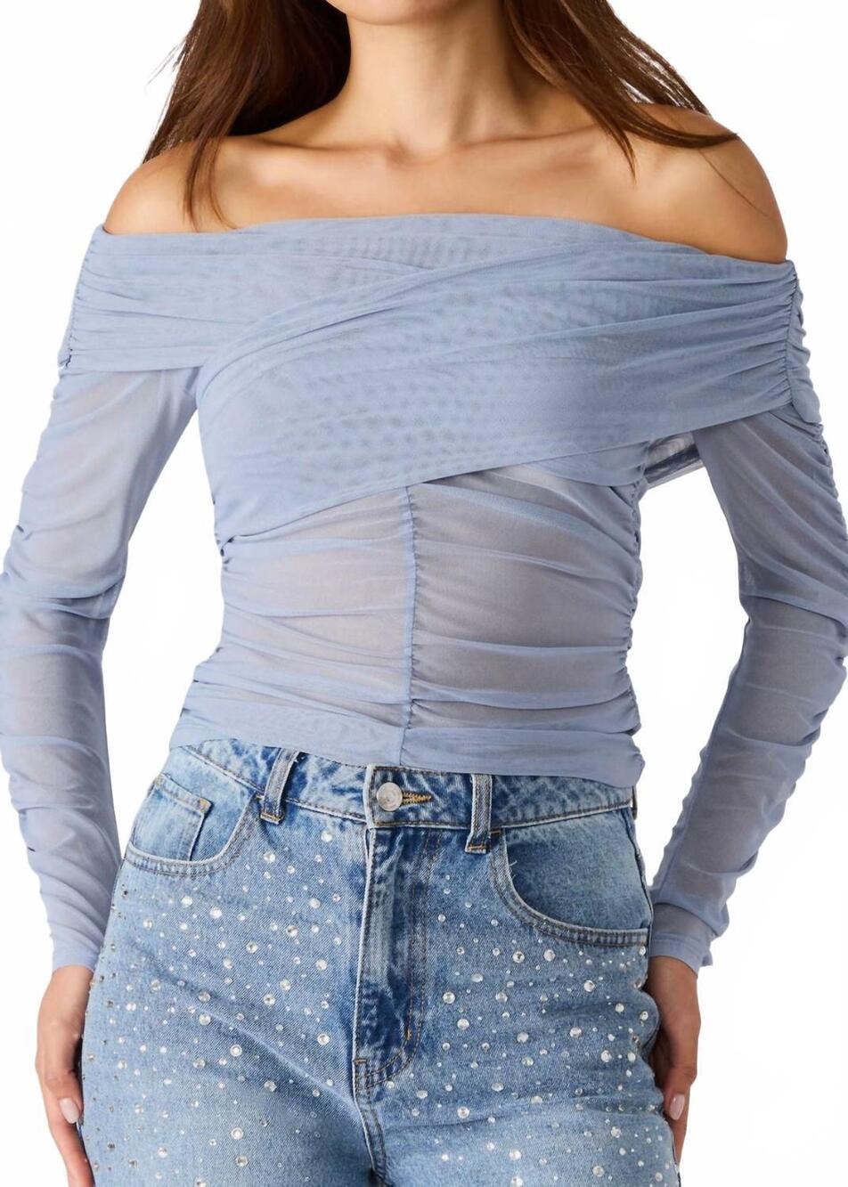 NEW STEVE MADDEN viktoria off-the-shoulder mesh top in stone blue